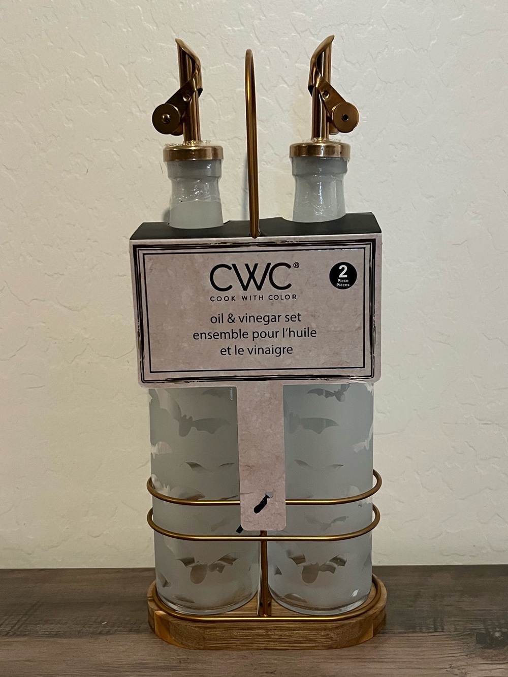 CWC Frosted Glass Bat Halloween Print Oil & Vinegar Set with Wood & Gold Rack